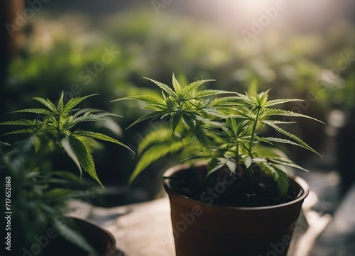 mature marijuana growing in a pot  exploding leaves and colorful dusty smoky background  