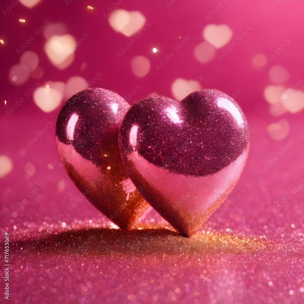 Obraz premium Two Hearts On Pink Glitter valentines day concept, copy space