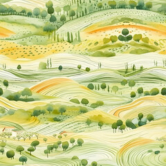 Papier peint photo Paysage patrons Champs agricoles collines heure dorée  © Mary Salen