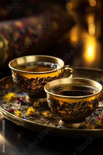Elegant Golden Tea Cups with Floral Decor © Asmodar