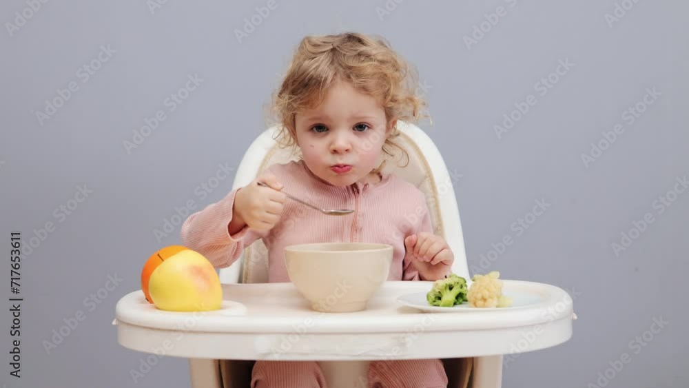 Cheerful baby dinner. Adorable breakfast scene. Happy lunch moments. Charming little toddler blonde wavy haired girl eating by herself in highchair isolated over gray background Cheerful baby dinner. Adorable breakfast scene. Happy lunch moments. Charming little toddler blonde wavy haired girl eating by herself in highchair isolated over gray background