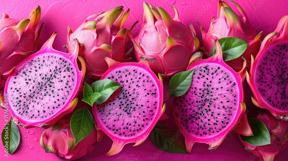 Stunning background featuring slices of vibrant dragon fruit arranged artistically, capturing the exotic appeal and refreshing hues, full of frame, fresh vibe, top of view, Dragon Fruit Delight. Stunning background featuring slices of vibrant dragon fruit arranged artistically, capturing the exotic appeal and refreshing hues, full of frame, fresh vibe, top of view, Dragon Fruit Delight.