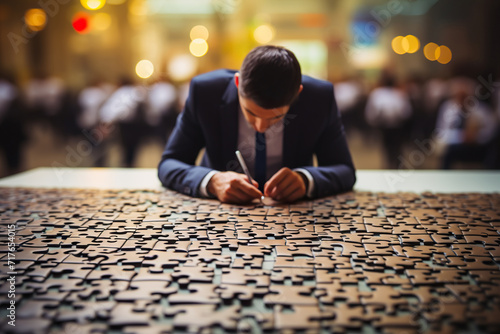 A man in a business suit is putting together a huge puzzle. Difficulty solving concept. Generated by artificial intelligence