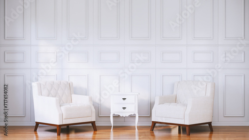 White classic wall background, brown parquet floor, home furniture detail, frame and nightstand.