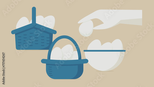 There are some eggs in three baskets. I have an egg in my hand.