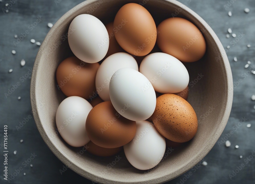 shelled organic eggs in the bowl, top view

