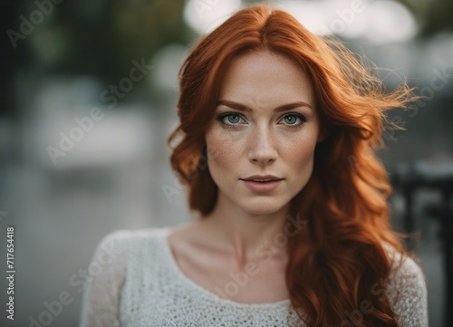 portrait of beautiful red head women, blurry background 