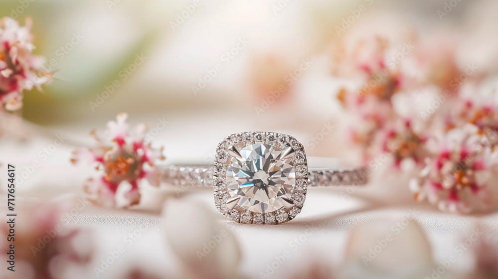 Fototapeta premium Stunning cushion cut diamond engagement ring. Selective focus.