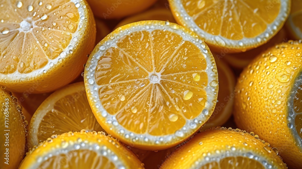 Pile of lemon slices with fresh water drops. Pile of lemon slices with fresh water drops.