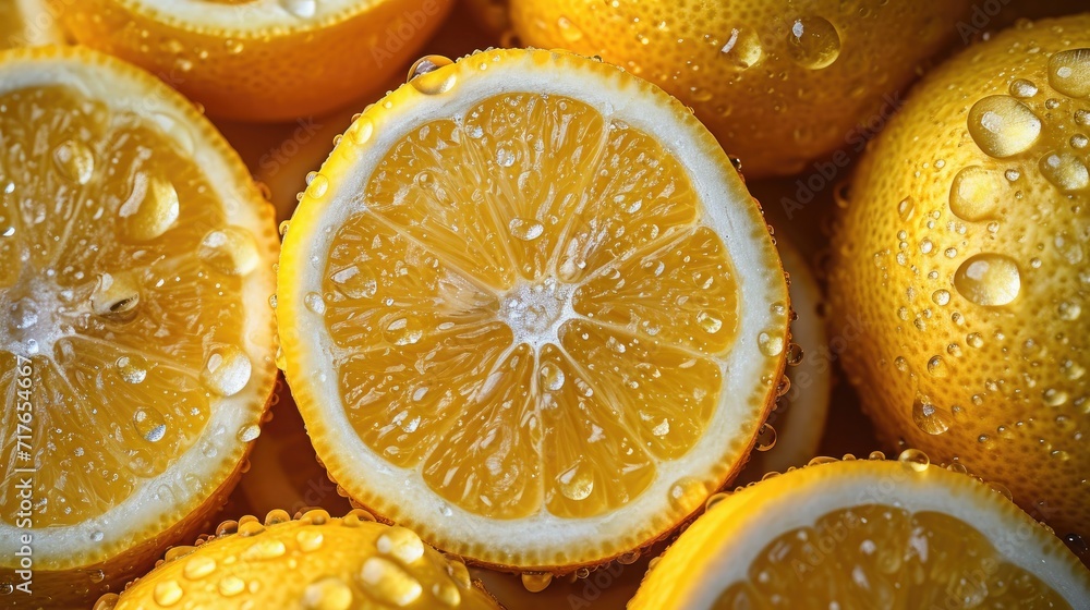 Pile of lemon slices with fresh water drops. Pile of lemon slices with fresh water drops.