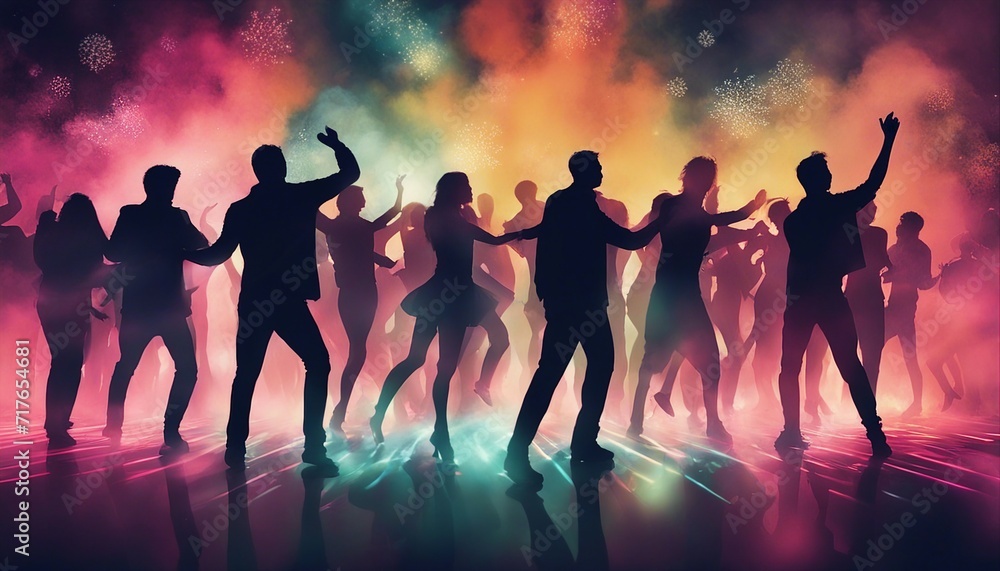 silhouettes of people dancing at a crowded party at midnight, colorful lights and smoke at background
