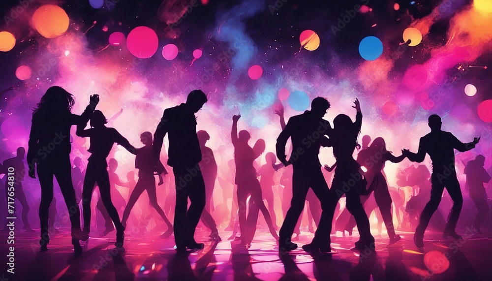 silhouettes of people dancing at a crowded party at midnight, colorful lights and smoke at background, dijital painting.
silhouettes of people dancing at a crowded party at midnight, colorful lights and smoke at background, dijital painting.