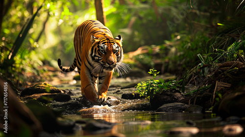 tiger in nature near the river. Selective focus. photo