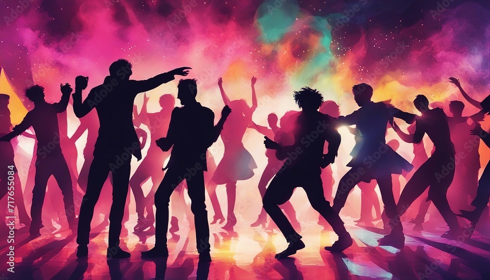 silhouettes of  people dancing at a crowded party at midnight, colorful lights and smoke at background, dijital painting.
