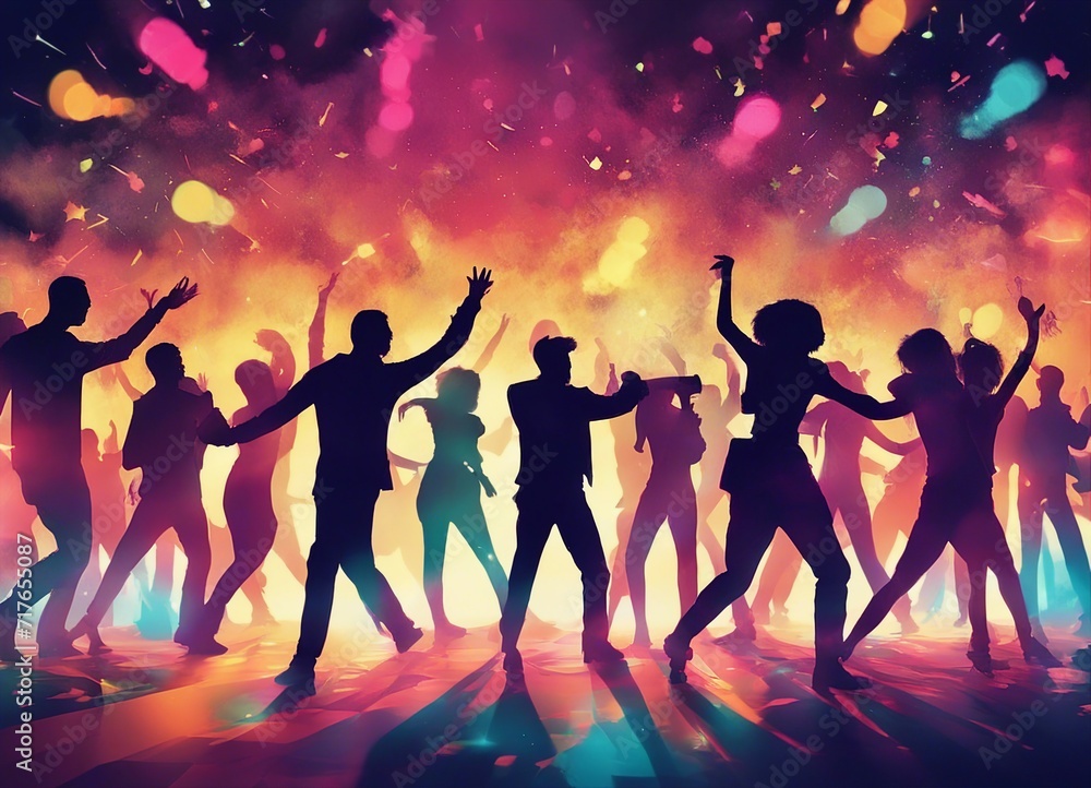 silhouettes of people dancing at a crowded party at midnight, colorful lights and smoke at background, dijital painting.
silhouettes of people dancing at a crowded party at midnight, colorful lights and smoke at background, dijital painting.