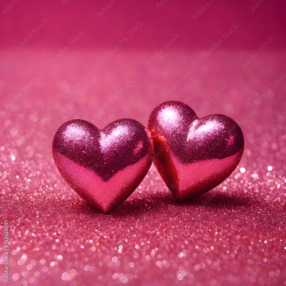 Two Hearts On Pink Glitter valentines day concept, copy space