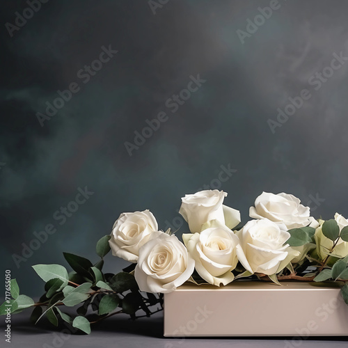White roses and minimal background, gift for happiness moment, Love, couple, Anniversary, Valentine's day, wedding and love concept, Generative AI.