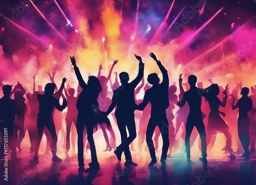 silhouettes of people dancing at a crowded party at midnight, colorful lights and smoke at background 