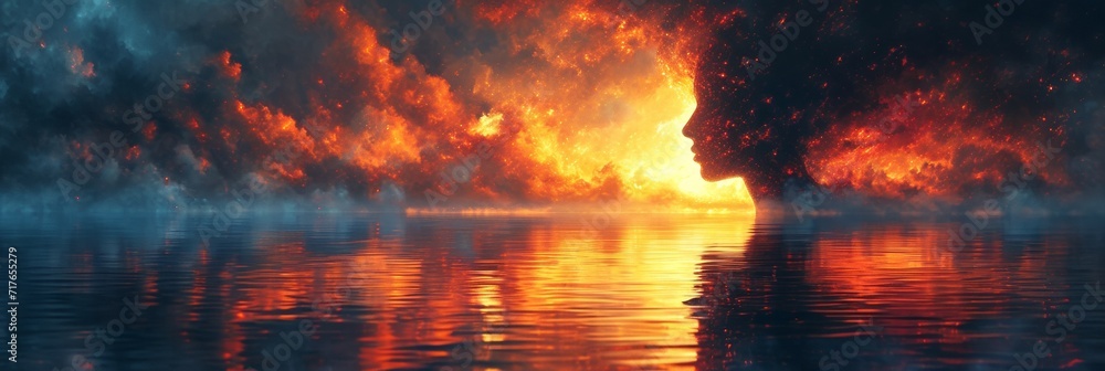 The fiery red sky is reflected in the water, flaming clouds create a dramatic landscape reminiscent of a burning apocalypse.