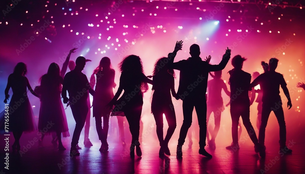 silhouettes of people dancing at a crowded party at midnight, colorful lights and smoke at background
silhouettes of people dancing at a crowded party at midnight, colorful lights and smoke at background