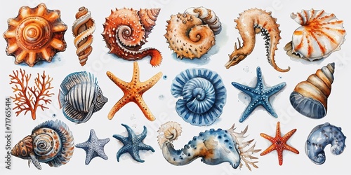 Set of watercolor illustrations with starfish, shells and sea elements for beach design.