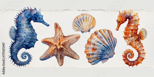 Allure of the Sea: Watercolor illustration of a beach scene with starfish, shells and underwater elements for a vibrant coastal design.