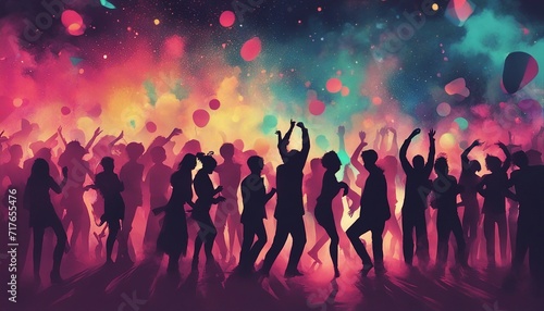 silhouettes of people dancing at a crowded party at midnight, colorful lights and smoke at background, dijital painting. 
