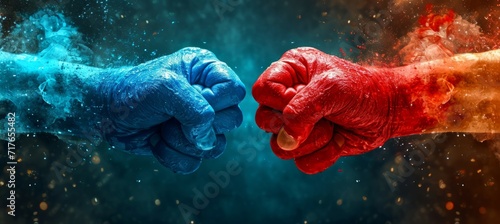 Blue and red hands fist. Political democracy battle. Generative AI technology. photo