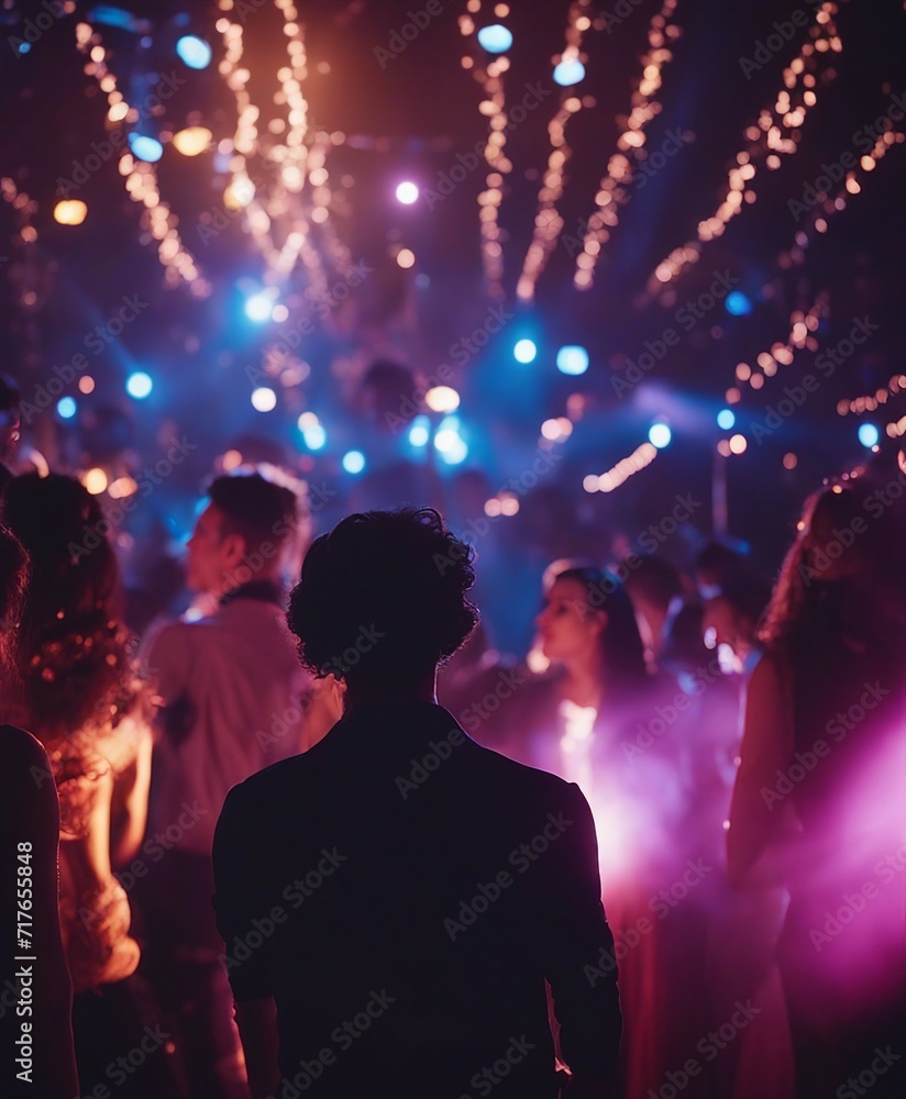 silhouettes of people dancing at a crowded party at midnight, colorful lights and smoke at background
silhouettes of people dancing at a crowded party at midnight, colorful lights and smoke at background