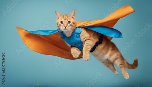 superhero cat, Cute orange tabby kitty with a blue cloak and mask jumping and flying on light blue backgorund  © abu