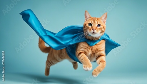 superhero cute and orange tabby cat with a blue cloak and mask jumping and flying on blue background, copy space for text   © abu