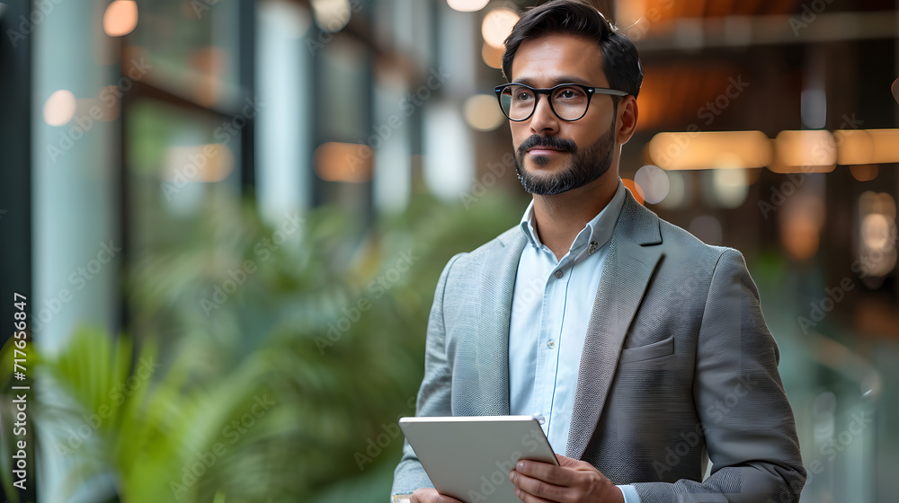 A busy Indian businessman, a project manager, walks into the workplace while holding a digital tablet and gazing away. Professional businessman utilizing a tab computer while walking down the hall A busy Indian businessman, a project manager, walks into the workplace while holding a digital tablet and gazing away. Professional businessman utilizing a tab computer while walking down the hall