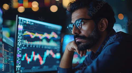 A busy, earnest Indian businessman who works as a broker, stock exchange trader, investor, and trader, is seen studying data, graphs, and the cryptocurrency market while considering the risks associat photo