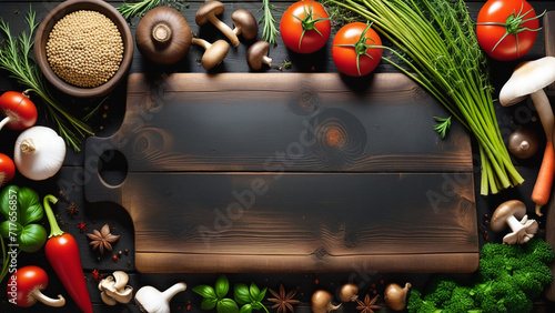 Healthy Cooking: Fresh Ingredients Surrounding a Wooden Cutting Board