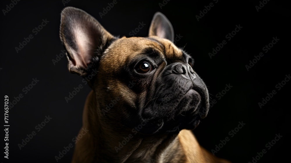 Funny French Bulldog Puppy Cute Sitting and Pity Looking up , Front view,  Isolated on black background