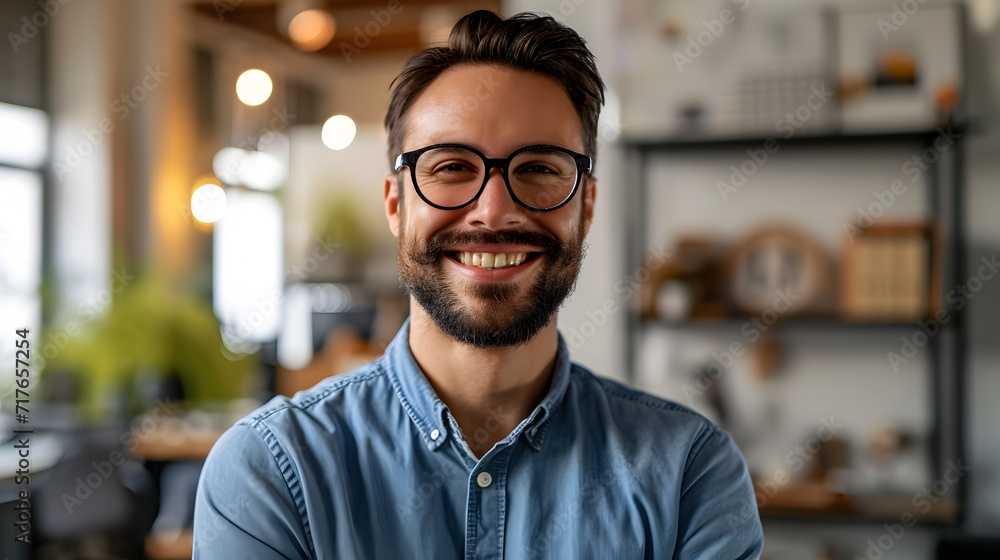 A cheerful man wearing spectacles is seen in the office A cheerful man wearing spectacles is seen in the office