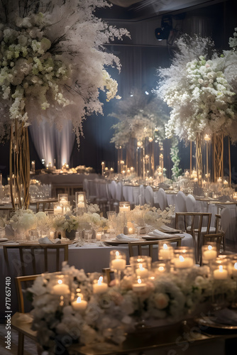 Elegant wedding reception with tables decorated with candles