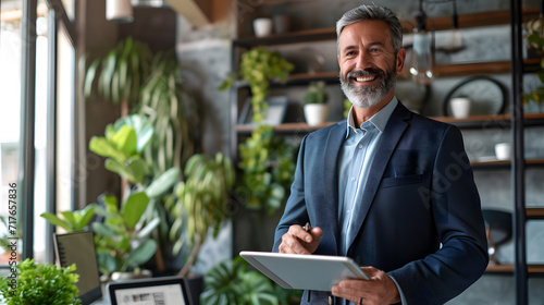 A contented middle-aged CEO in a suit stands at his desk and uses a tablet computer. Mature guy grinning, competent executive manager averting his gaze to focus on a technological equipment photo