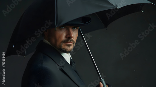 A dark-suited British businessman is shown holding a bowler hat and an umbrella. Mafia Gangster or Hitman photo