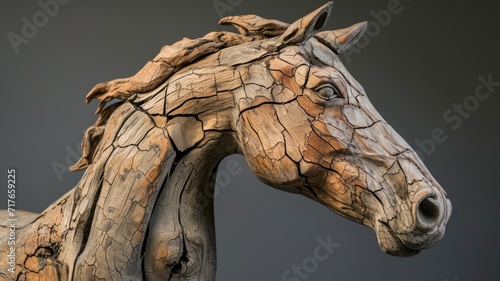 A horse sculpture carved from wood. Wooden art object of an animal with many age cracks in the wood