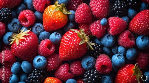 Mix of berries such as strawberries  blueberries  and raspberries arranged artfully for a burst of color background.