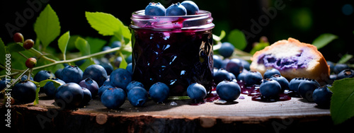 Blueberry jam in a jar. Selective focus.