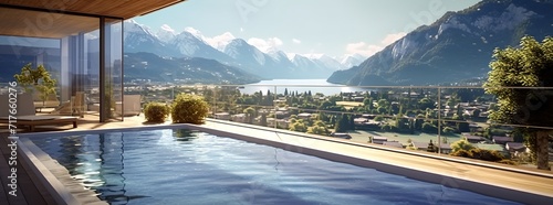 Luxury spa hotel with swimming pool and views of the natural landscape photo