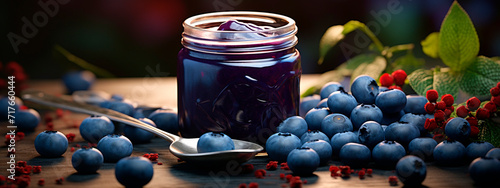 Blueberry jam in a jar. Selective focus. photo