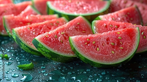 Slices watermelon with vibrant red and green hues, shot from an overhead perspective.