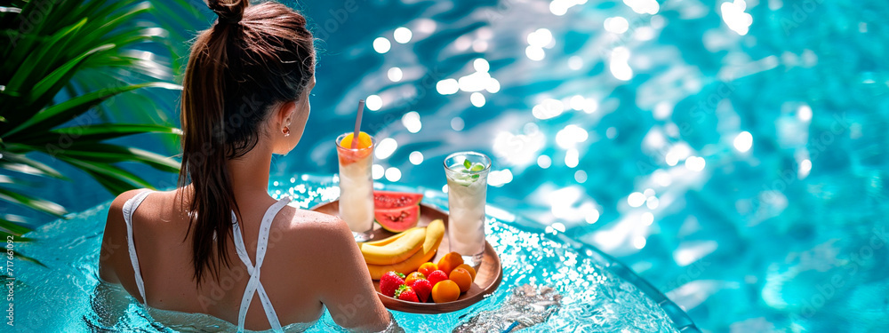 woman in the pool with fruit and cocktail. Selective focus. - obrazy, fototapety, plakaty 