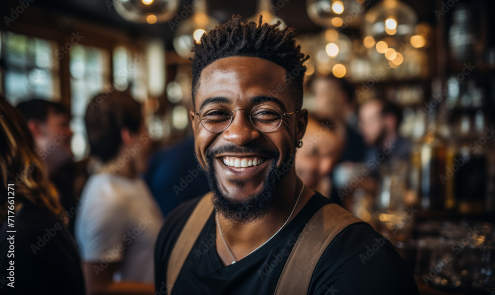Confident African American Bartender Smiling at a High-End Bar with Sophisticated Ambiance and Colleagues in Background Confident African American Bartender Smiling at a High-End Bar with Sophisticated Ambiance and Colleagues in Background