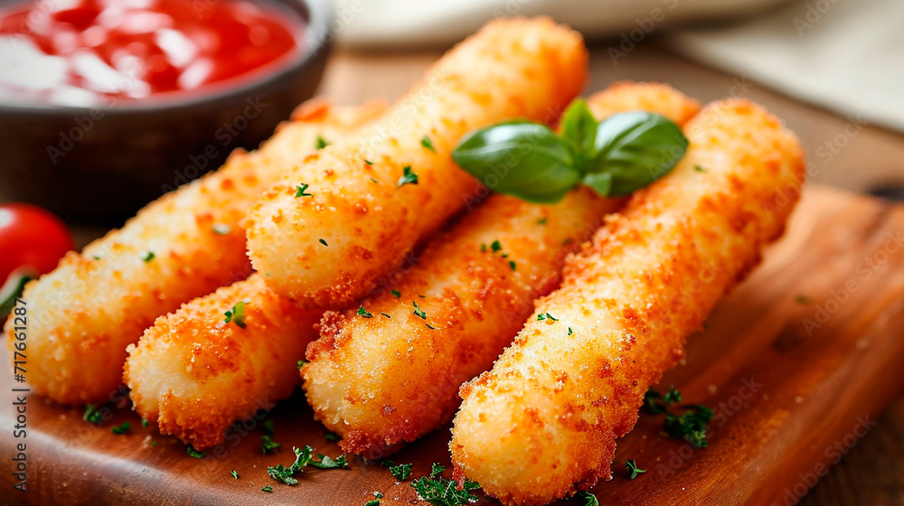 Breaded cheese sticks on the table. Selective focus.