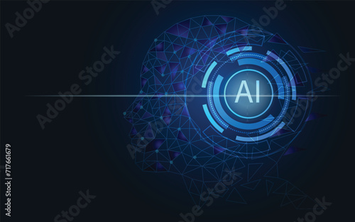 Artificial intelligence. A microchip in the cyborg's head. Low-poly design of lines and dots. AI technology background concept. Blue background. illustration