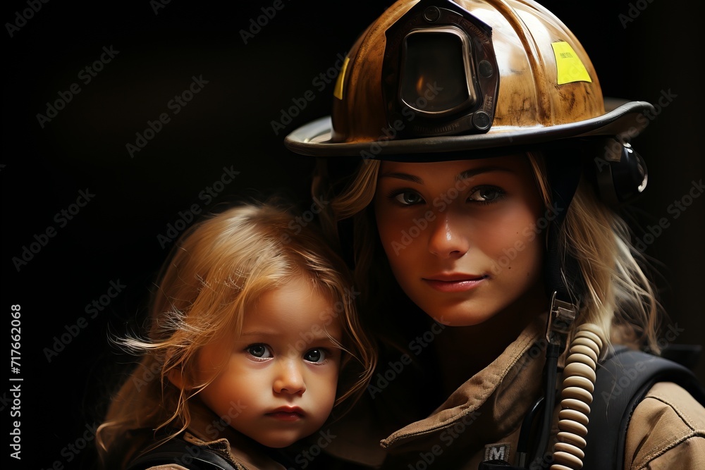 Portrait of a mother and her daughter in a firefighter uniform Portrait of a mother and her daughter in a firefighter uniform